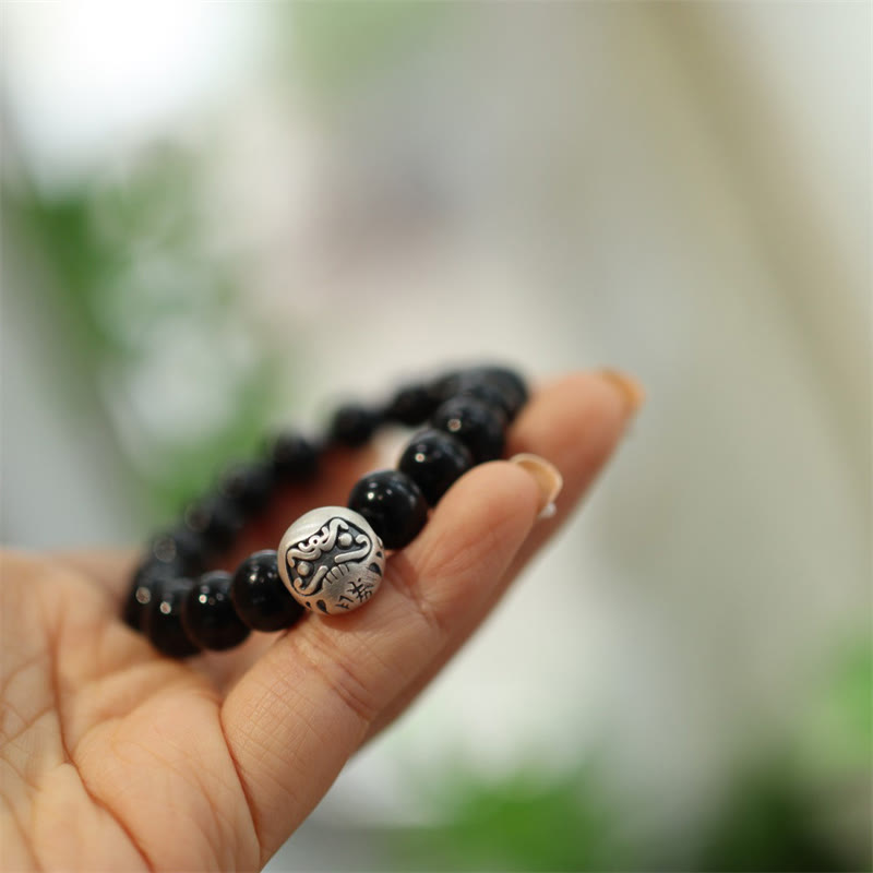 925 Sterling Silver Black Onyx Bead Character Engraved Protection Bracelet - Image 7
