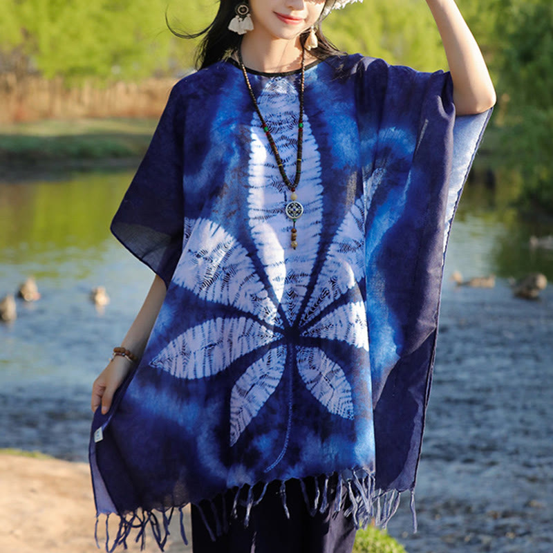 Blue Batik Shawl Tassels Maple Leaf Cozy Travel Pullover 95*90cm - Image 2
