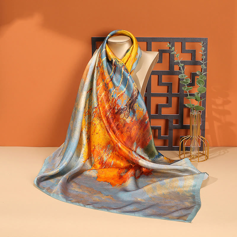 Oil Painting City Snow Scene Castle Lotus 100% Mulberry Silk Neck Hair Scarf