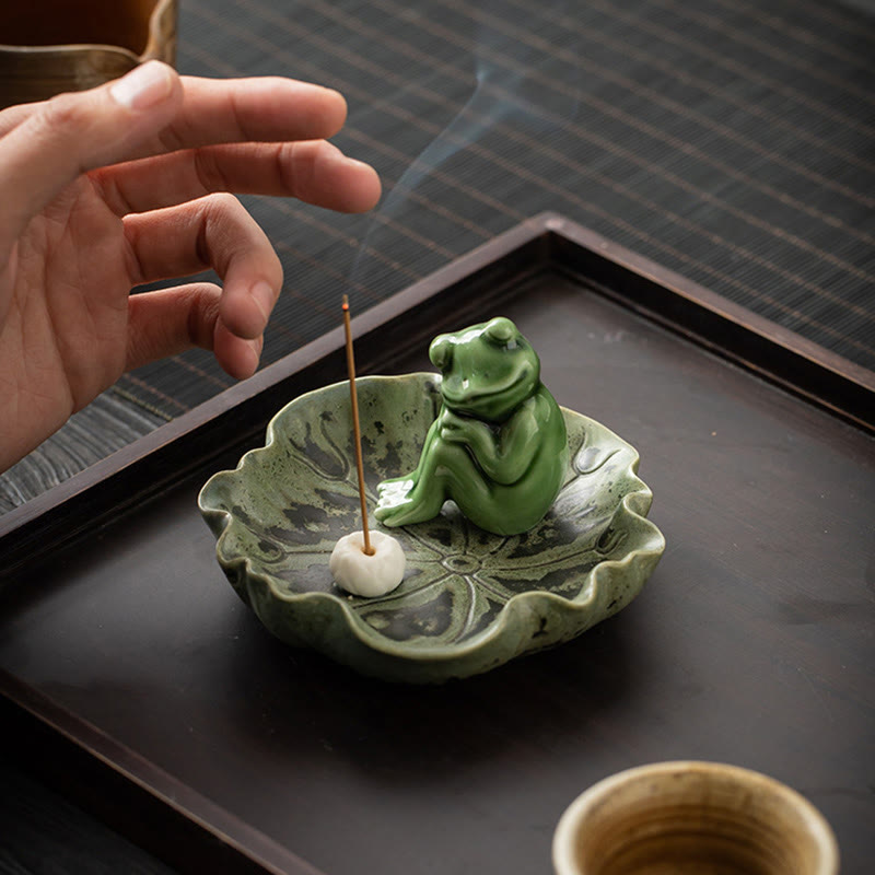 Leaf Meditation Frog Pattern Healing Ceramic Incense Burner Decoration - Image 25