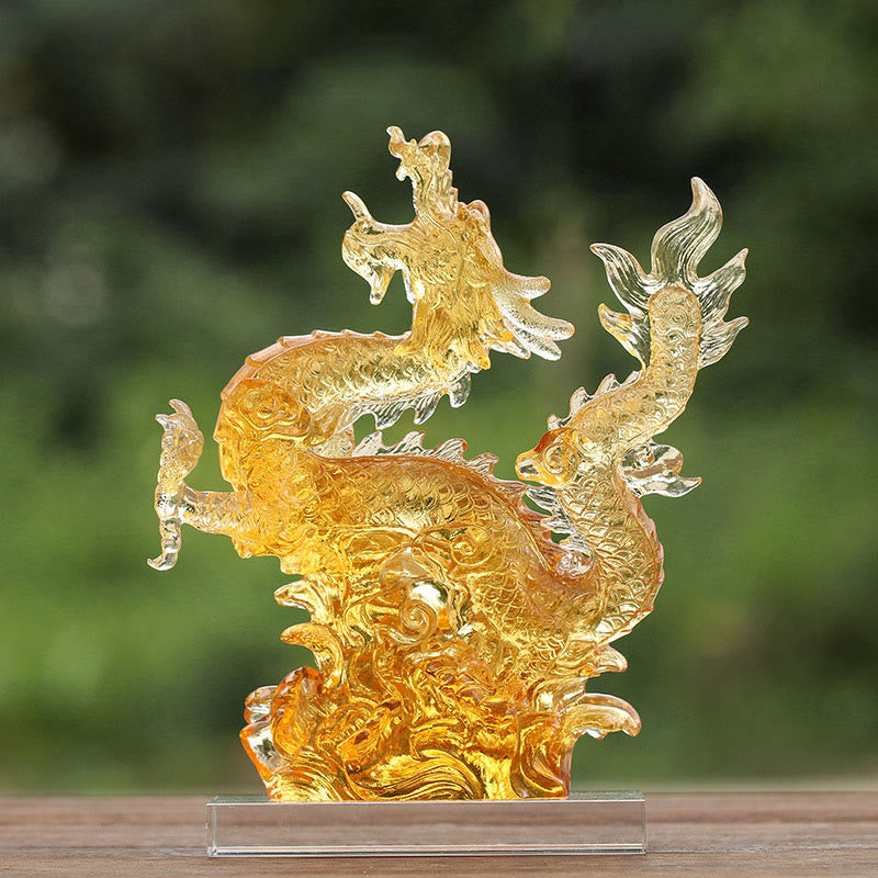 Handmade Chinese Zodiac Yellow Dragon Liuli Crystal Art Piece Luck Protection Home Office Decoration