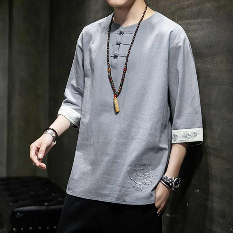 Frog-Button Dragon Embroidery Chinese Tang Suit Three Quarter Sleeve Shirt Cotton Linen Men Clothing - Image 17