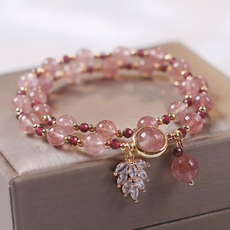 Natural Strawberry Quartz Love Healing Maple Leaf Charm Double Wrap Bracelet - Image 3