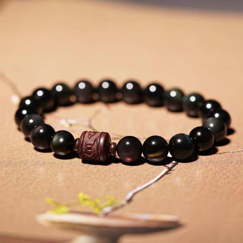 Natural Gold Sheen Obsidian Rainbow Obsidian Om Mani Padme Hum Fu Character Healing Bracelet - Image 27