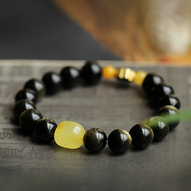 925 Sterling Silver Chinese Zodiac Natal Buddha Natural Gold Sheen Obsidian Amber Wealth Protection Bracelet - Image 8