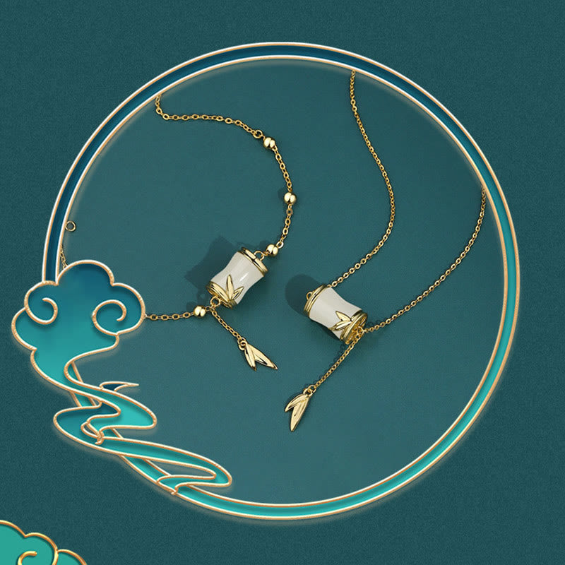 925 Sterling Silver 22K Gold Hetian White Jade Bamboo Leaf Luck Necklace Pendant Bracelet - Image 8