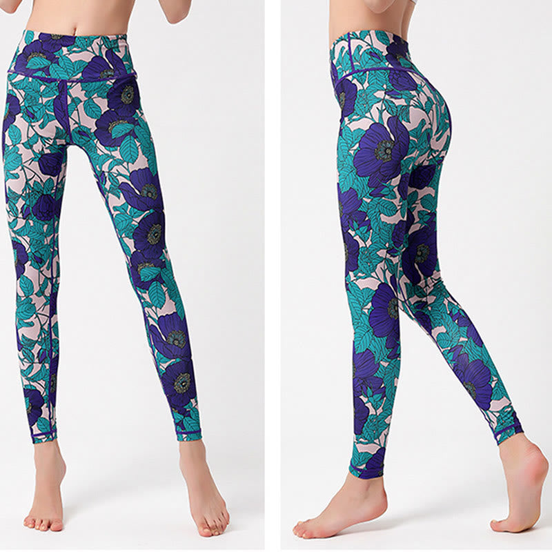 Colorful Flower Petal Leaves Print Sports Exercise Fitness High Waist Leggings Women's Yoga Pants - Image 26