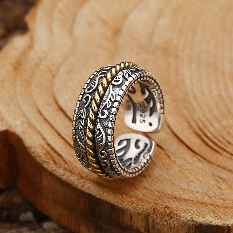 925 Sterling Silver Tang Dynasty Flower Design Luck Adjustable Ring