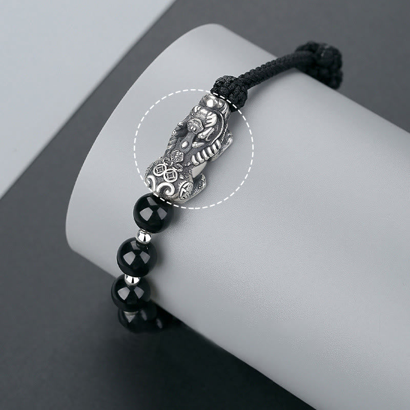 999 Sterling Silver FengShui PiXiu Natural Black Obsidian 925 Sterling Silver Bead Strength Bracelet - Image 4