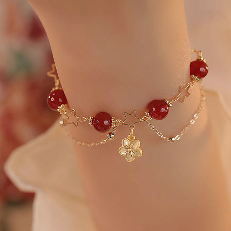 14k Gold Plated Red Agate Star Flower Charm Calm Bracelet - Image 9