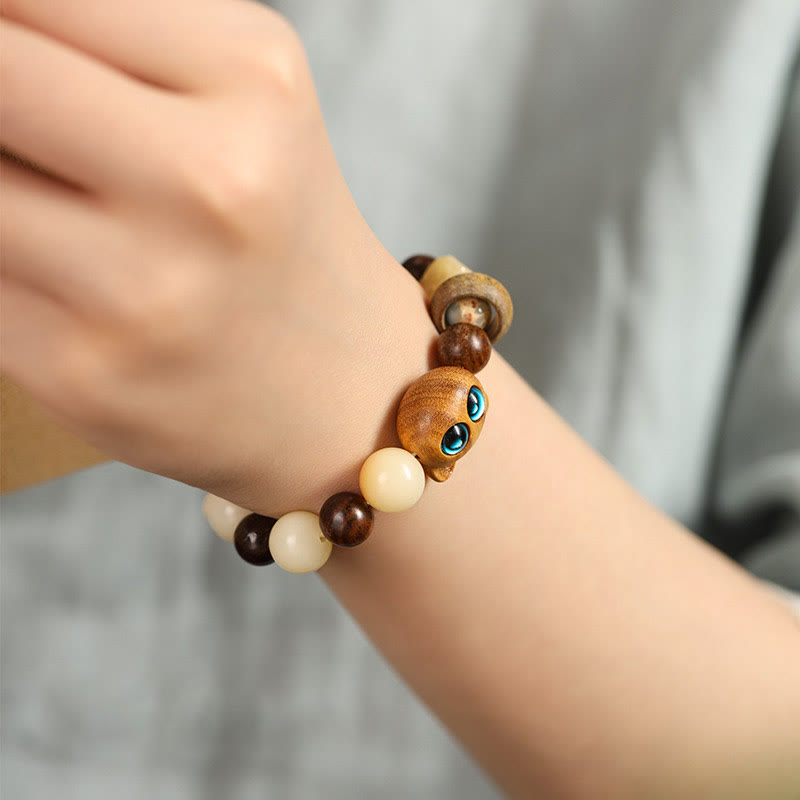 Natural Bodhi Seed Sandalwood Lucky Cute Cat Head Paw Claw Peace Bracelet - Image 9