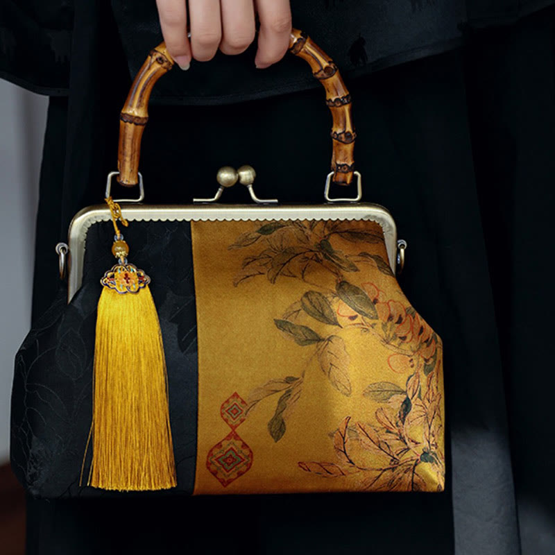 Leaves Bird Branches Persimmon Flowers Bamboo Handles Handbag - Image 9