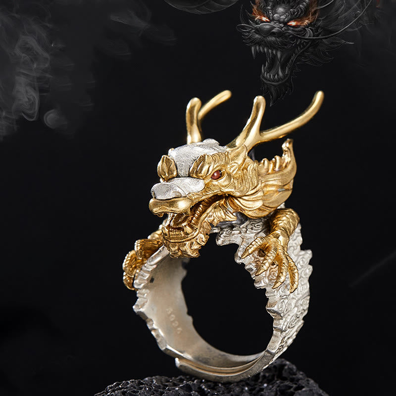 925 Sterling Silver Dragon Luck Success Protection Adjustable Ring Pendant