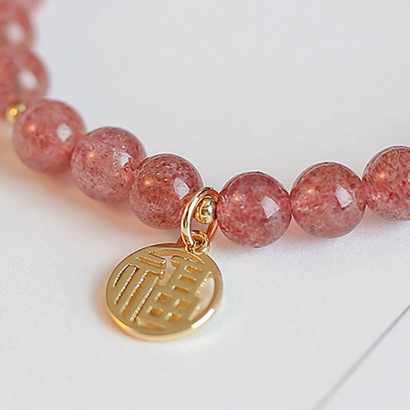 14K Gold Plated Strawberry Quartz Fu Character Healing Charm Bracelet - Image 6