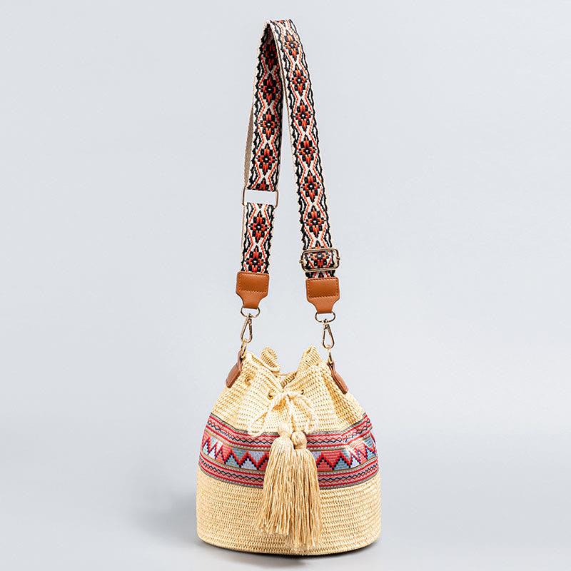 Beach Geometry Straw Woven Bucket Tassels Crossbody Bag Shoulder Bag
