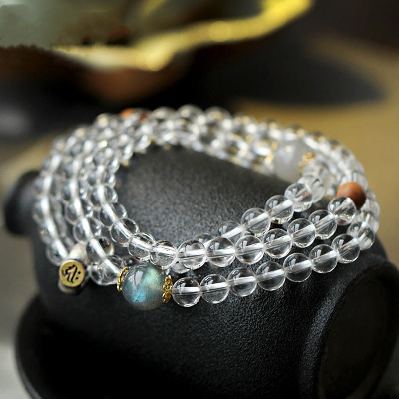 925 Sterling Silver Chinese Zodiac Natal Buddha White Crystal Meditation Triple Wrap Bracelet