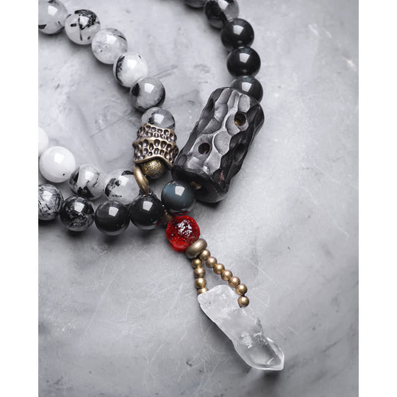 Black Rutilated Quartz Ebony Wood White Crystal Success Couple Bracelet - Image 15