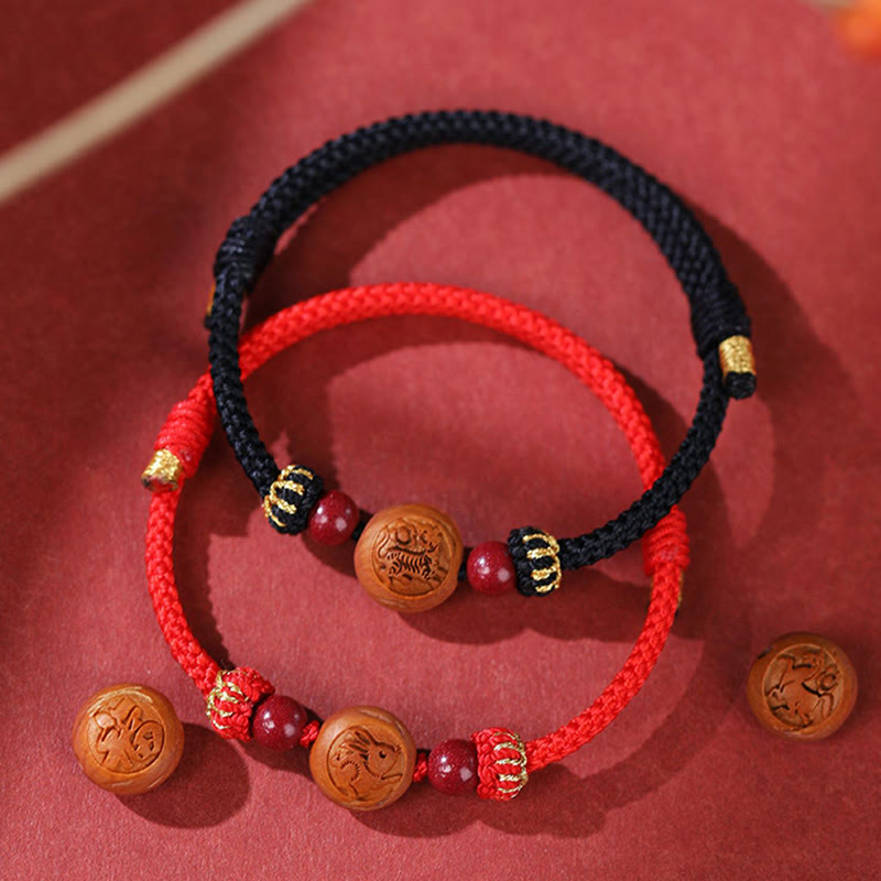 Natural Peach Wood Chinese Zodiac Fu Character Carved Cinnabar Wealth Bracelet