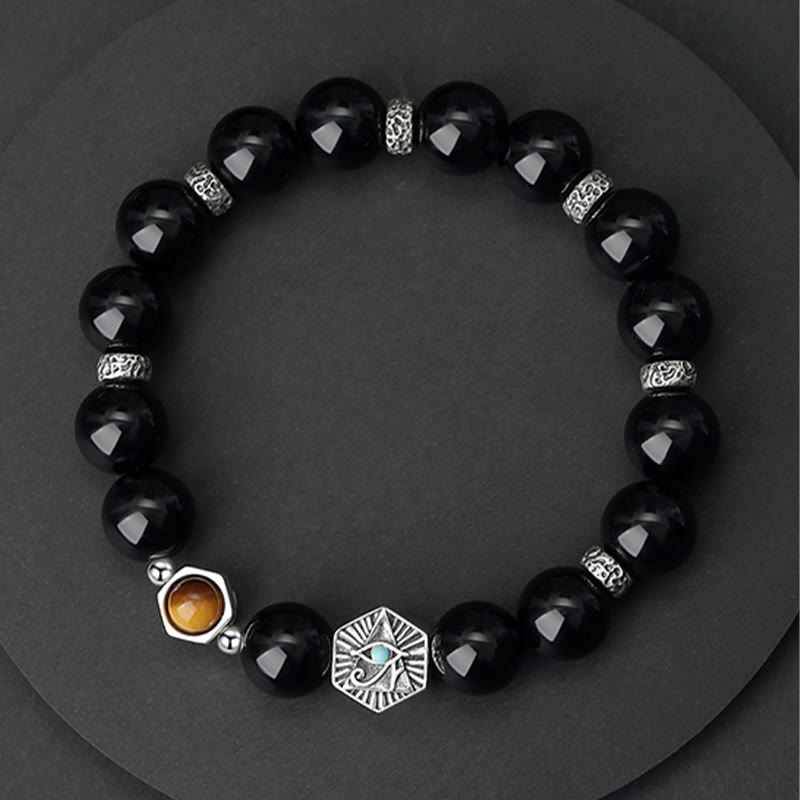 925 Sterling Silver Black Obsidian Tiger Eye Eye of Providence Purification Bracelet - Image 11