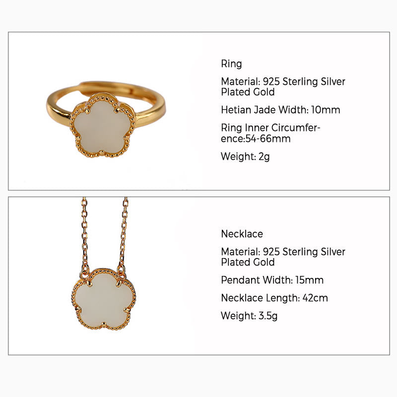 925 Sterling Silver Plated Gold Natural Hetian Jade Flower Luck Necklace Pendant Ring Set - Image 3