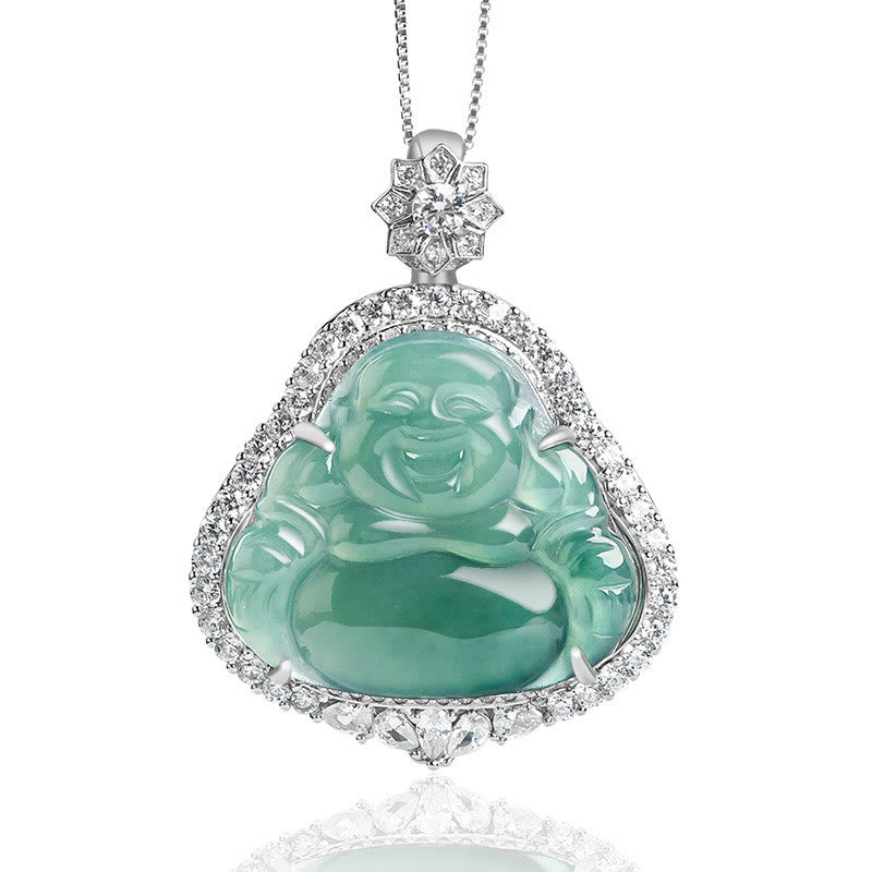 925 Sterling Silver Laughing Buddha Natural Jade Luck Abundance Chain Necklace Pendant