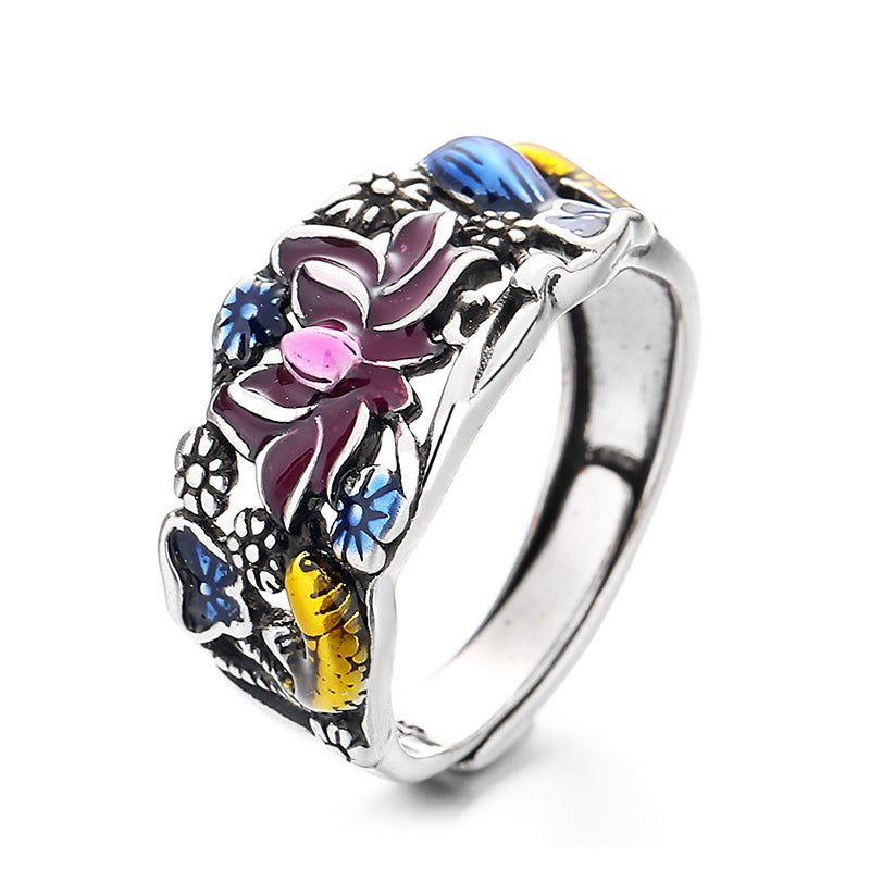 Koi Fish Lotus Flower Leaf Design Luck Wealth Ring