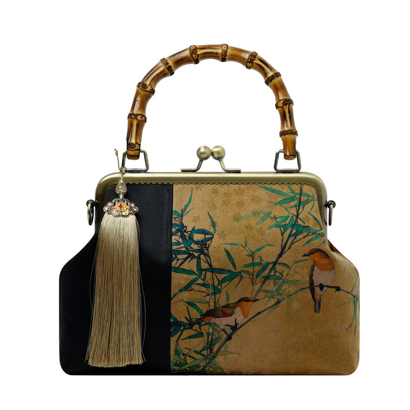 Leaves Bird Branches Persimmon Flowers Bamboo Handles Handbag - Image 13