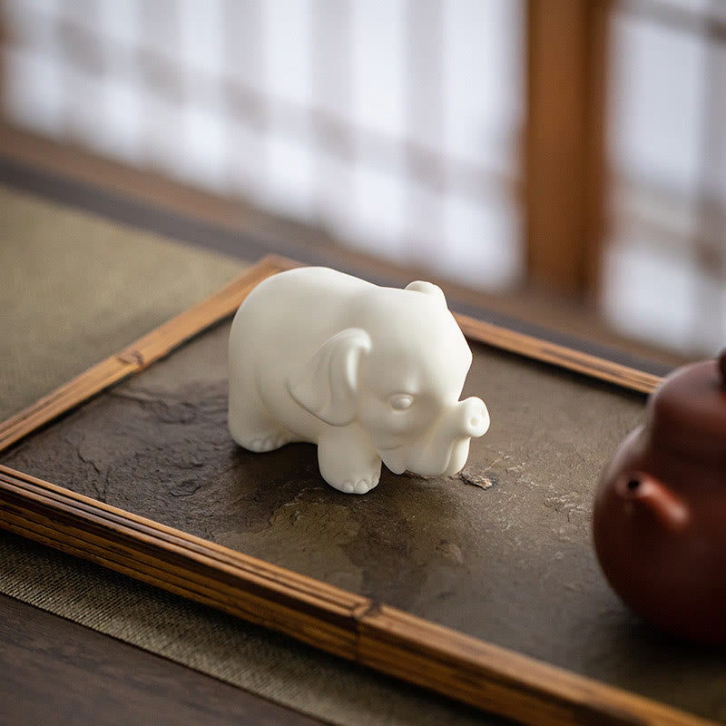 Small Elephant Statue White Porcelain Ceramic Strength Home Desk Decoration