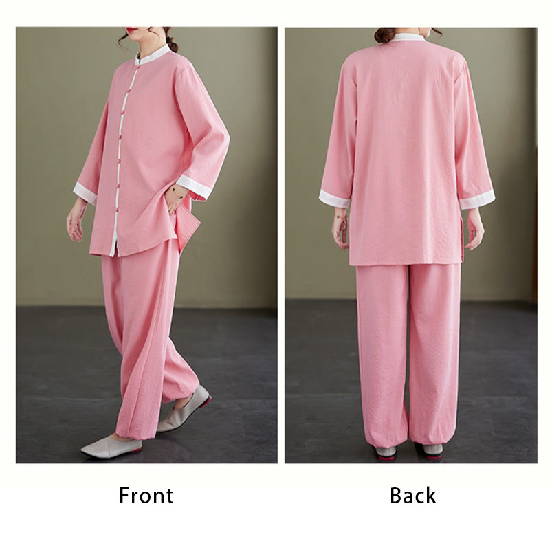 2Pcs Vintage Long Sleeve Shirt Top Pants Meditation Zen Tai Chi Cotton Linen Clothing Women's Set - Image 5