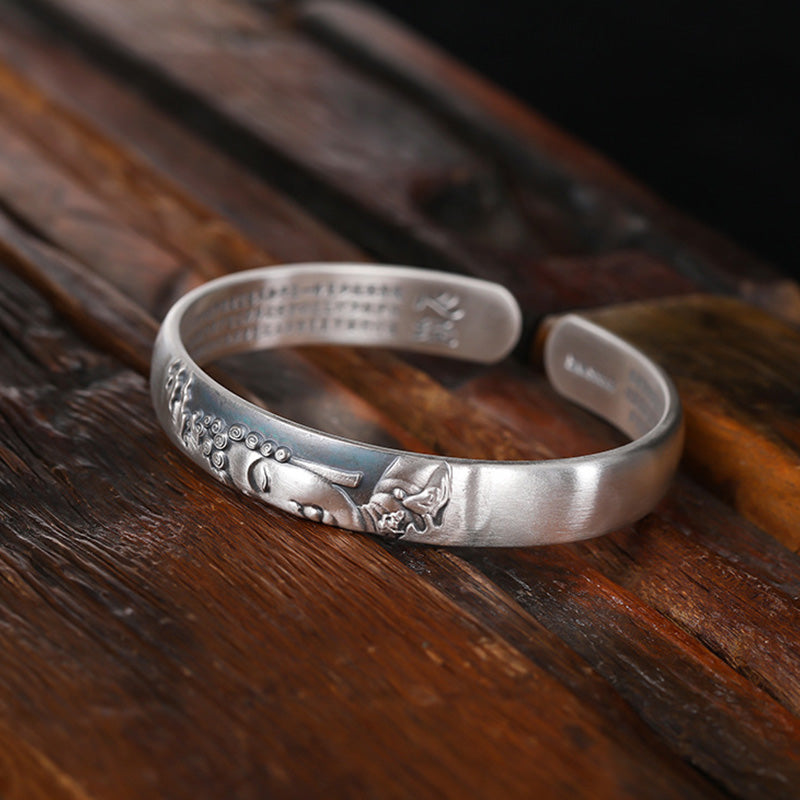 999 Sterling Silver Buddha Head Heart Sutra Serenity Bracelet Bangle - Image 8