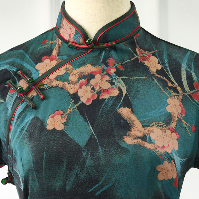 Vintage Pink Flowers Print Cheongsam Dress Women's Qipao Dress - Image 5