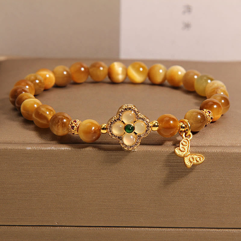Tiger Eye Four Leaf Clover Butterfly Protection Bracelet