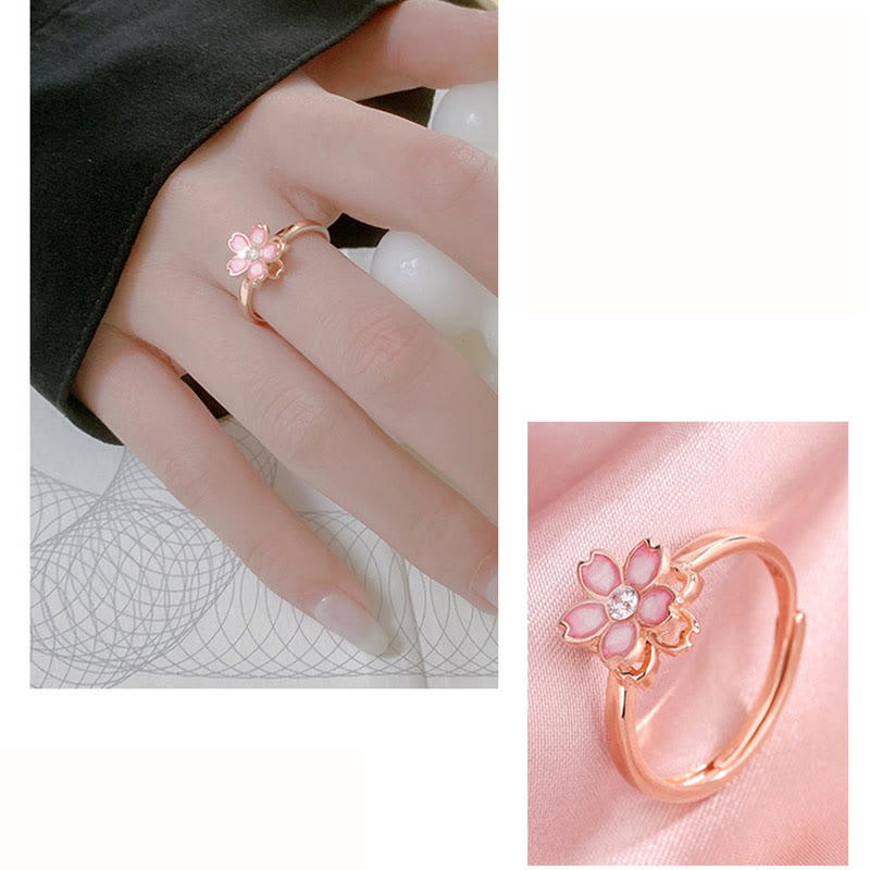 925 Sterling Silver Cherry Blossom Blessing Chain Bracelet Rotatable Ring - Image 22