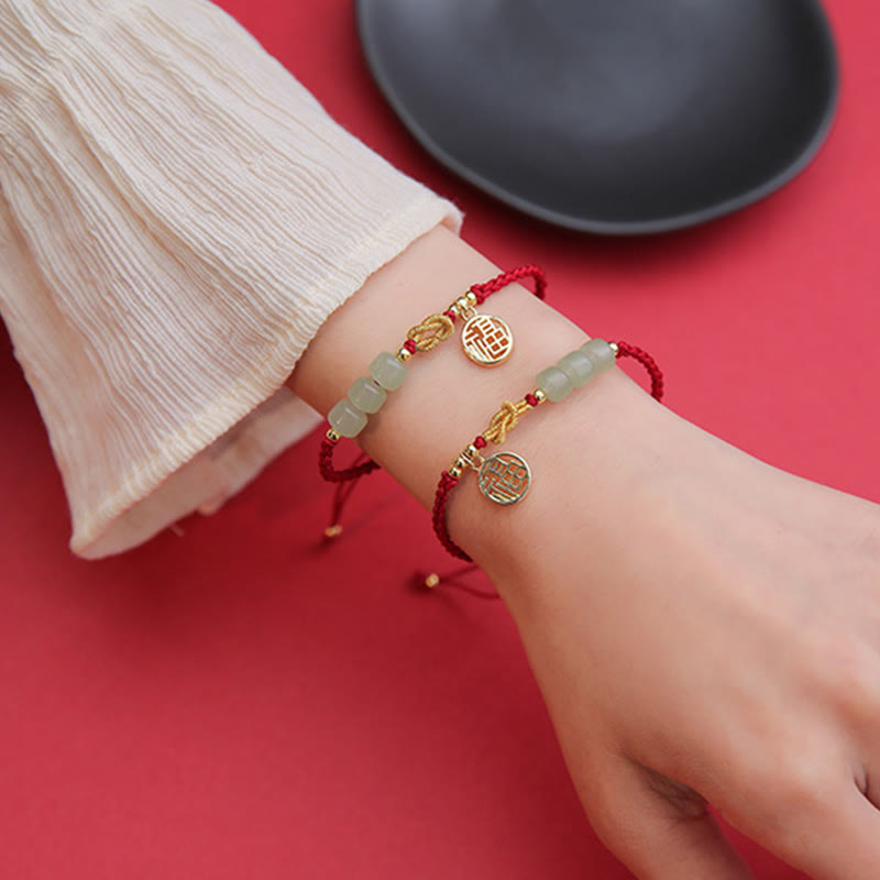 Handcrafted Jade Bead Fu Character Charm Luck Red Rope Bracelet - Image 12
