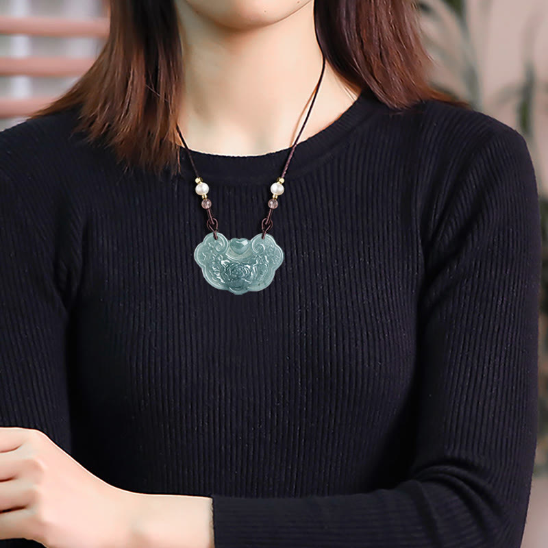 Natural Jade Peony Flower Lock of Good Wishes Prosperity Necklace Pendant - Image 10