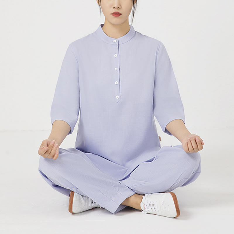 2Pcs Solid Color Three Quarter Shirt Top Pants Meditation Zen Tai Chi Cotton Linen Clothing Women's Set