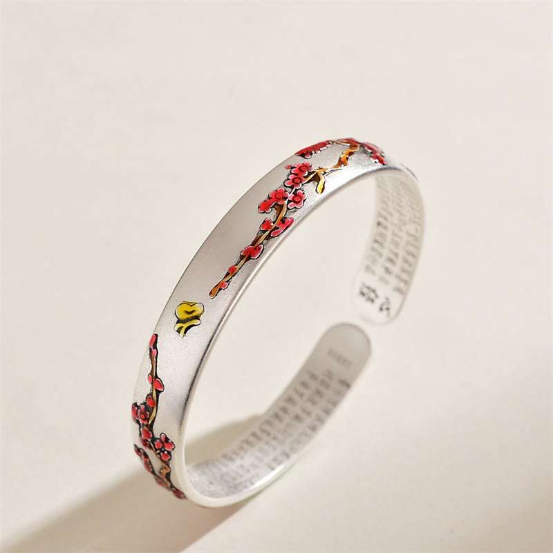 Plum Blossom Chrysanthemum Flower Design Heart Sutra Healing Bracelet Cuff Bangle