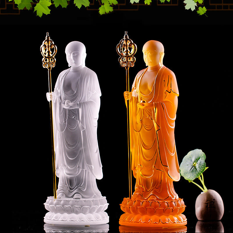 Handmade Ksitigarbha Bodhisattva Figurine Liuli Crystal Art Piece Serenity Statue Home Decoration