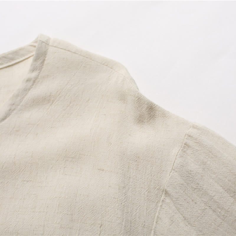 Men's Solid Color Round Neck Short Sleeve Cotton Linen Shirt - Image 21