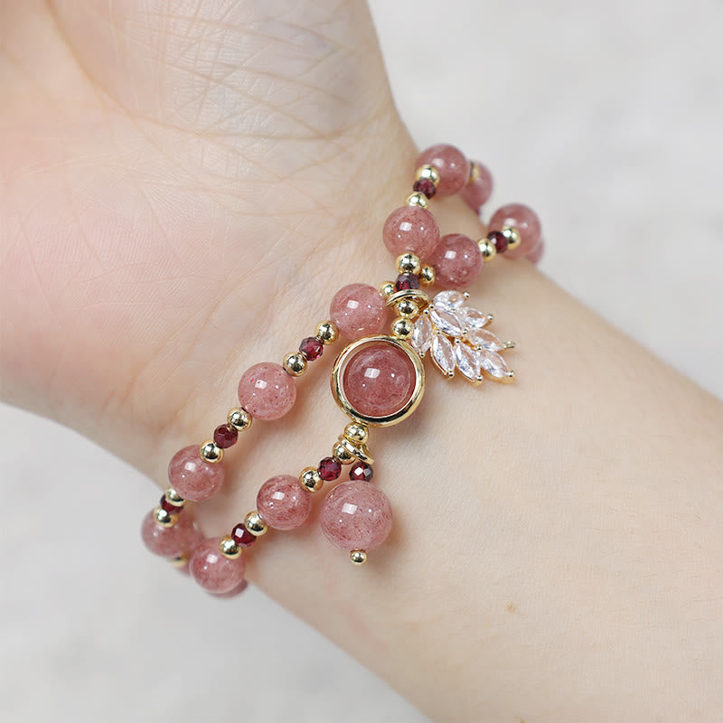 Natural Strawberry Quartz Love Healing Maple Leaf Charm Double Wrap Bracelet - Image 8