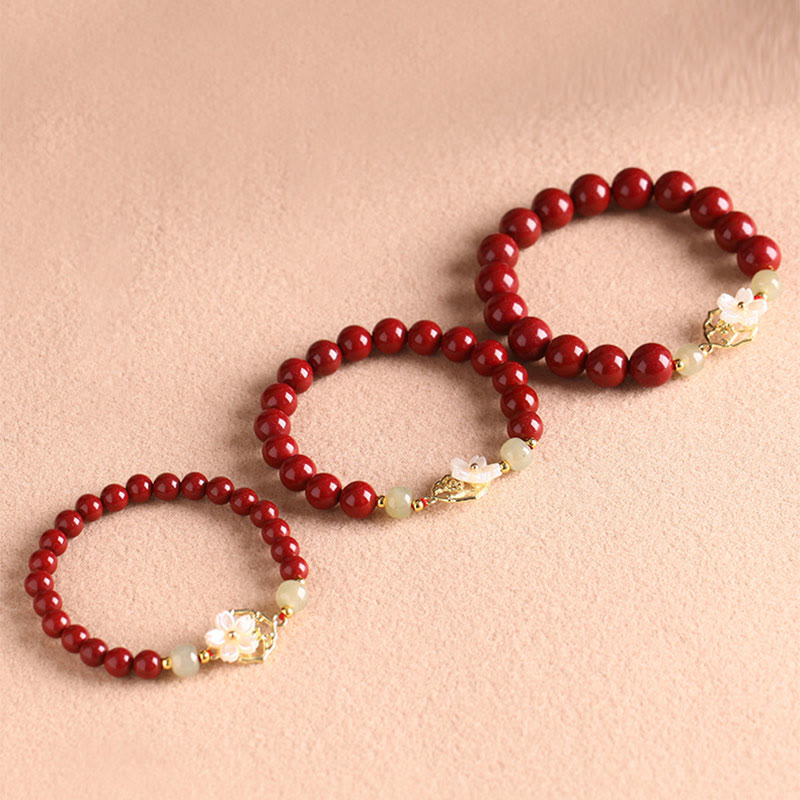 Natural Cinnabar Jade Beaded Tridacna Stone Flower Blessing Bracelet - Image 9