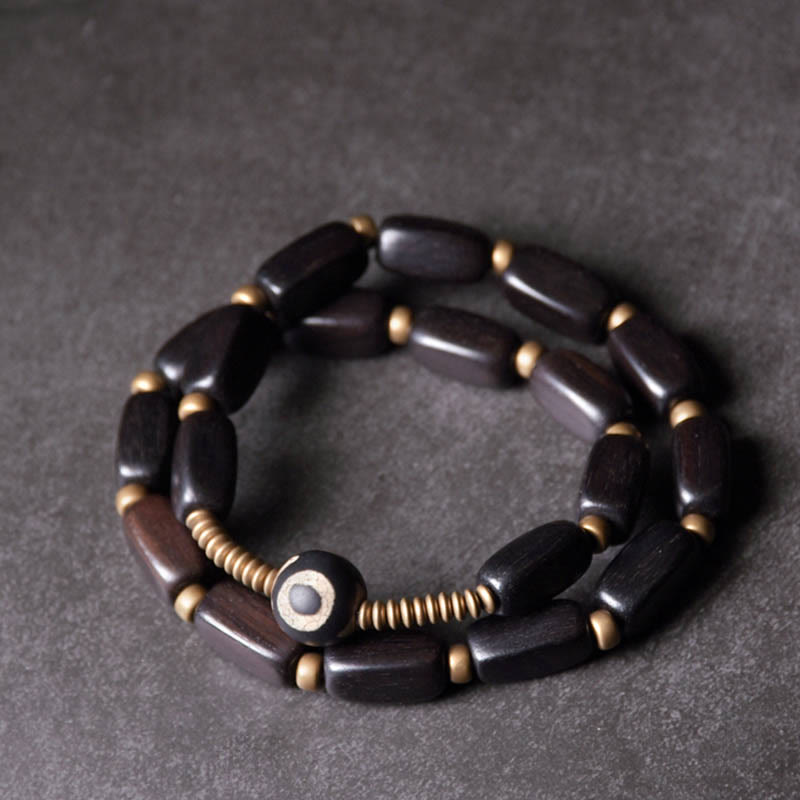 Tibet Ebony Wood Dzi Bead Copper Balance Double Wrap Bracelet