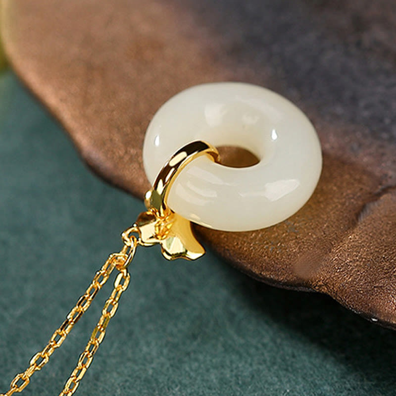925 Sterling Silver Natural Hetian Jade Ginkgo Leaf Peace Buckle Luck Necklace Pendant - Image 4