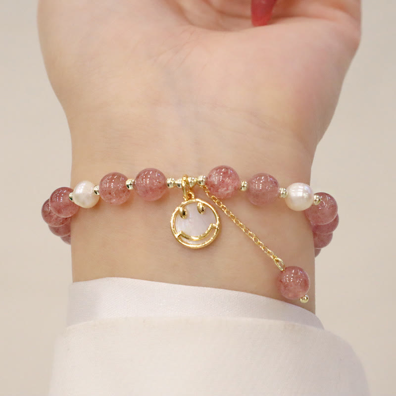 Strawberry Quartz Pearl Elk Smiley Face Fishtail Fu Character Charm Healing Bracelet - Image 6