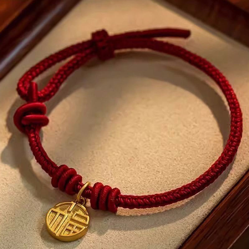 Handmade Eight Thread Peace Knot Fu Character Charm Luck Happiness Red Rope Bracelet