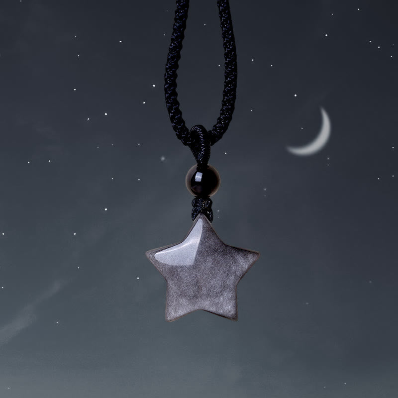 Natural Silver Sheen Obsidian Star Crescent Moon Protection Necklace Pendant