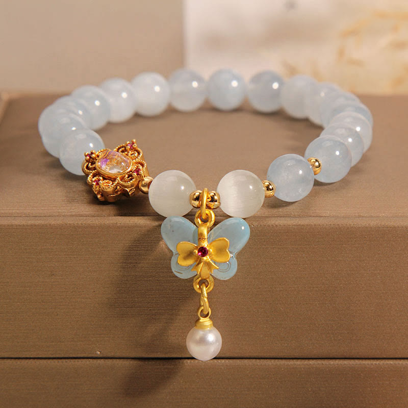 Aquamarine Cat's Eye Healing Butterfly Pearl Charm Bracelet - Image 5