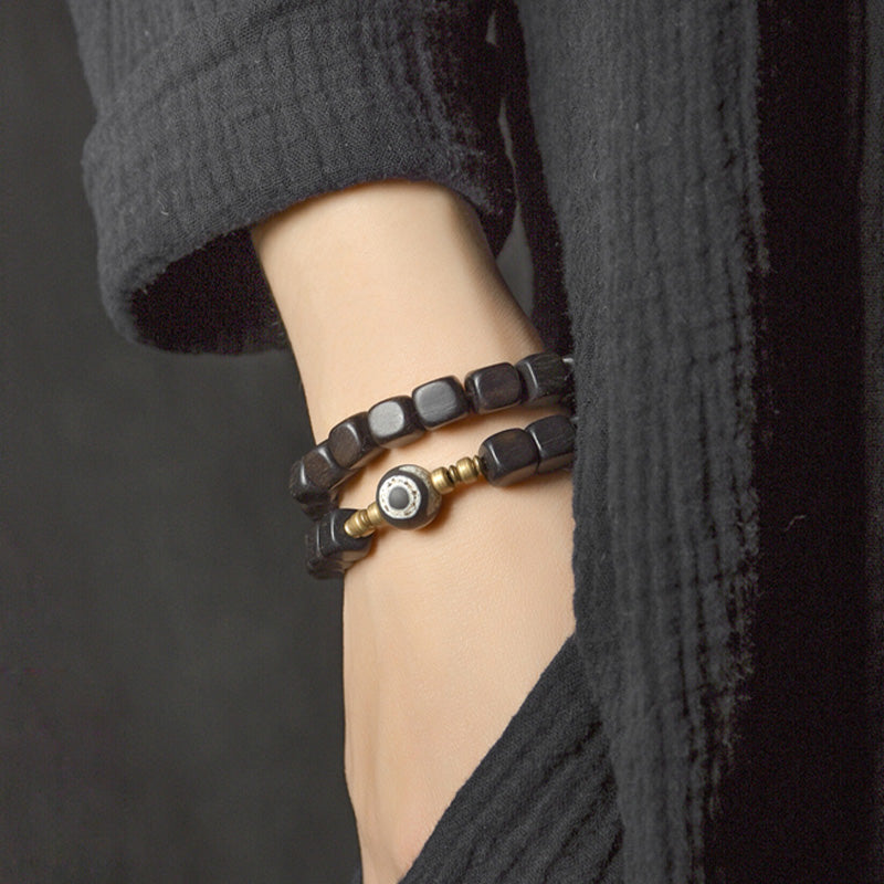 Ebony Wood Dzi Bead Copper Peace Couple Bracelet - Image 11
