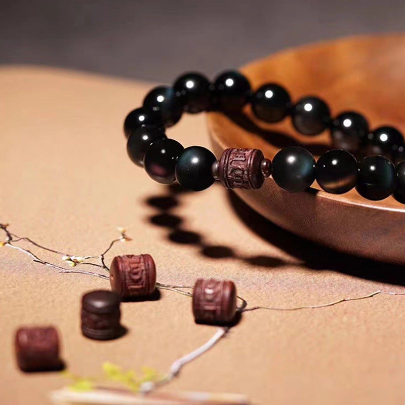 Natural Gold Sheen Obsidian Rainbow Obsidian Om Mani Padme Hum Fu Character Healing Bracelet - Image 28