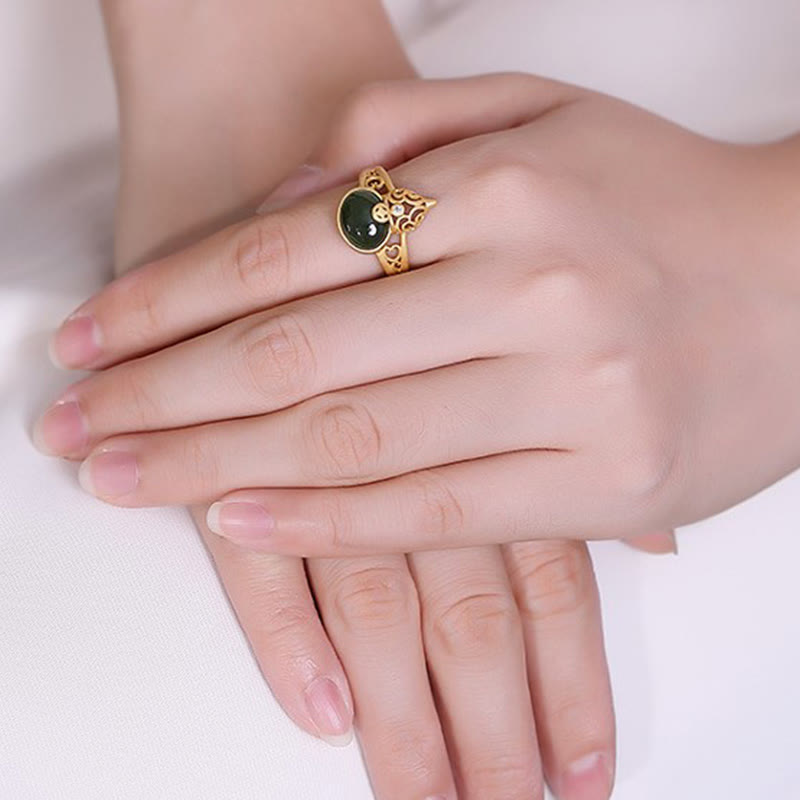 Gourd Cyan Jade Copper Coin Success Luck Adjustable Ring - Image 5